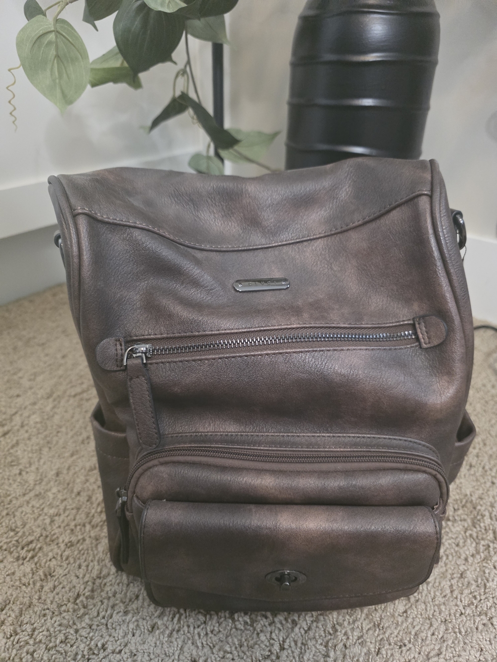 Vegan Leather Brown Men's Backpack with Front Organizer Pocket